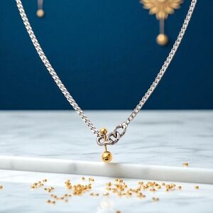 Two Tone 18K Gold Plated Stainless Steel Chain Necklace with Gold Ball Bar ✨